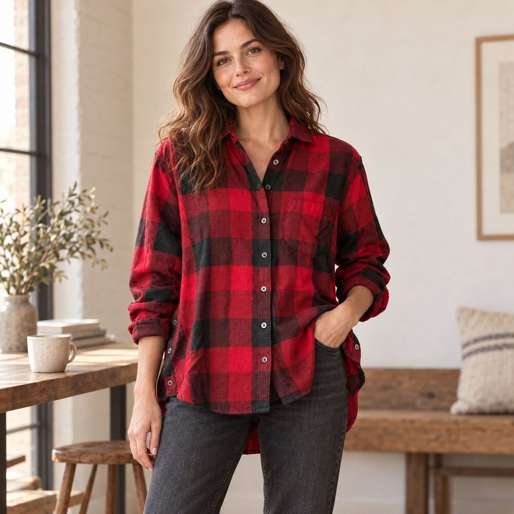 Madewell Ex-Boyfriend Flannel Shirt S Red Black Buffalo Plaid Oversized Cabin